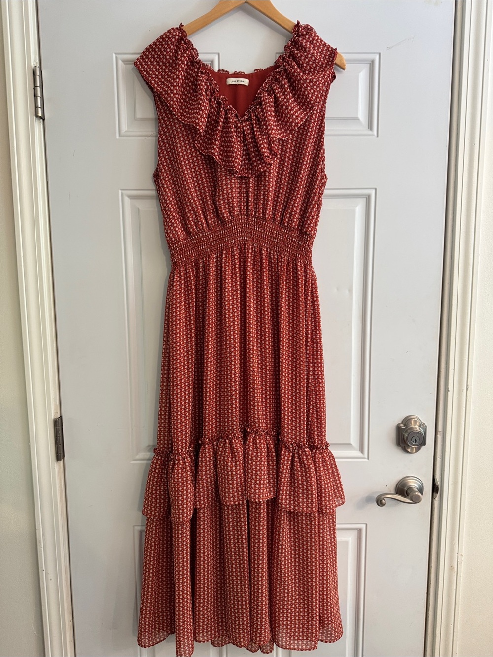 Max Studio Rust Red Printed Ruffled Maxi Dress